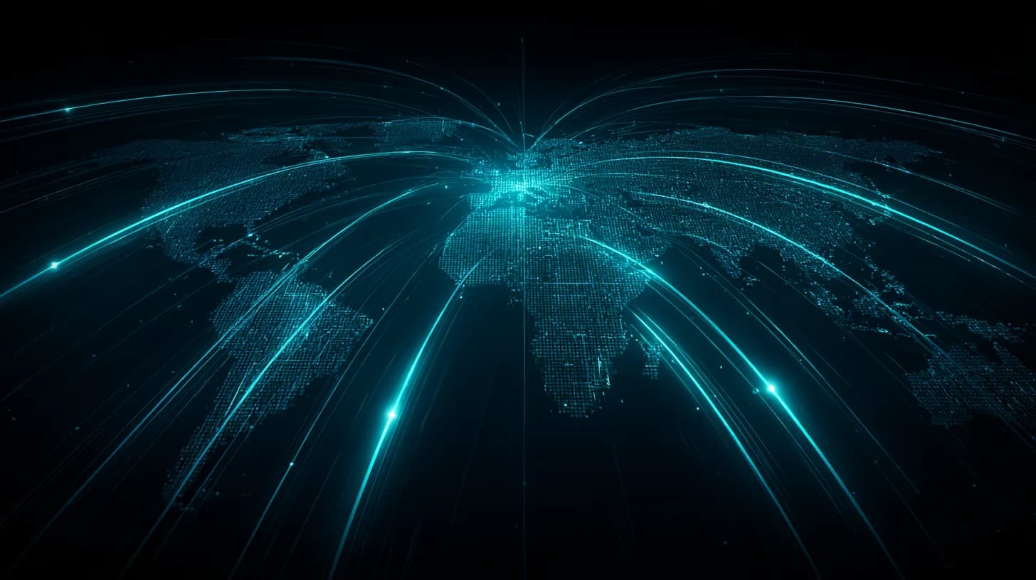 World map showing payment corridors across emerging markets converging into a single stablecoin API node
