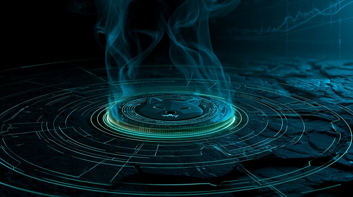 Glowing Dogecoin coin rising from cracked stone with chart elements ghosted in background
