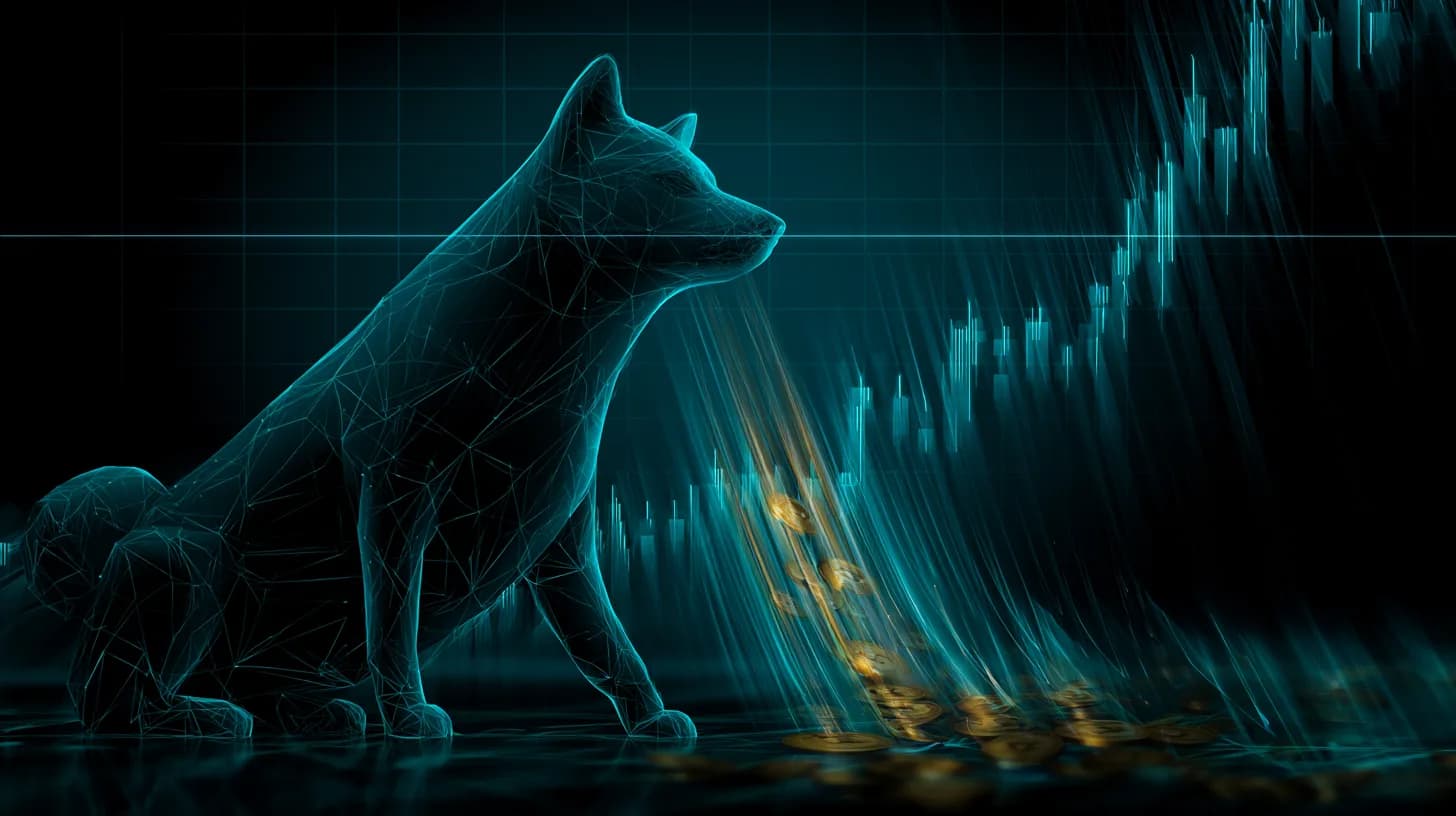 Illustration of whale-sized Shiba Inu accumulating Dogecoin tokens below a flat resistance line on a chart