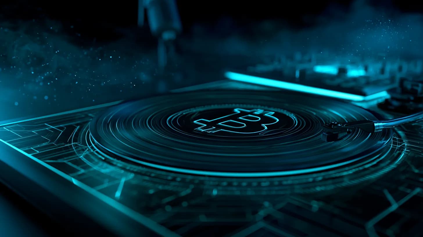 Vinyl record with stylized Bitcoin symbol spinning in a dimly lit recording studio with neon console light