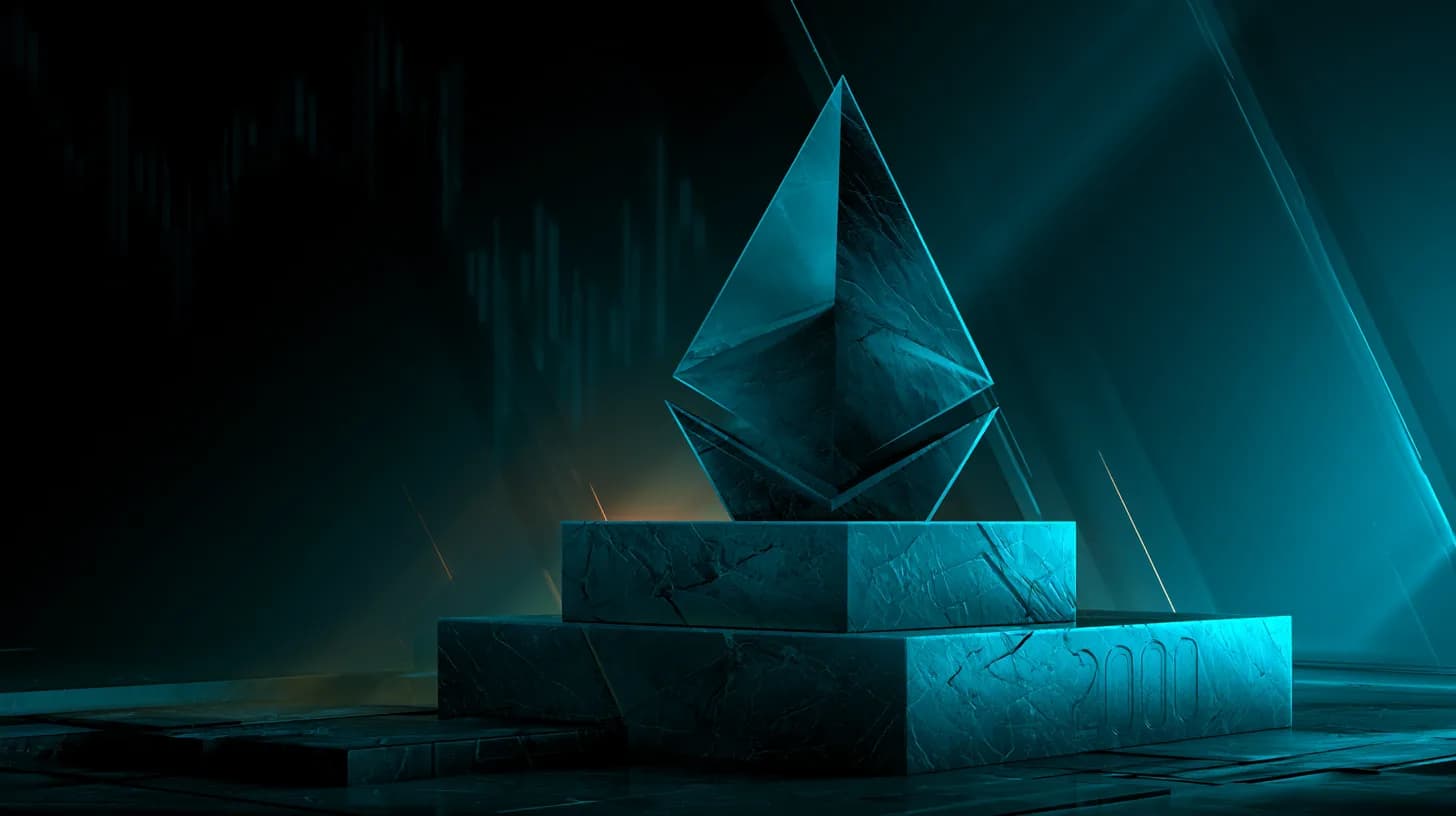 Ethereum logo on a cracked pedestal marked 2000 with chart silhouettes in the background