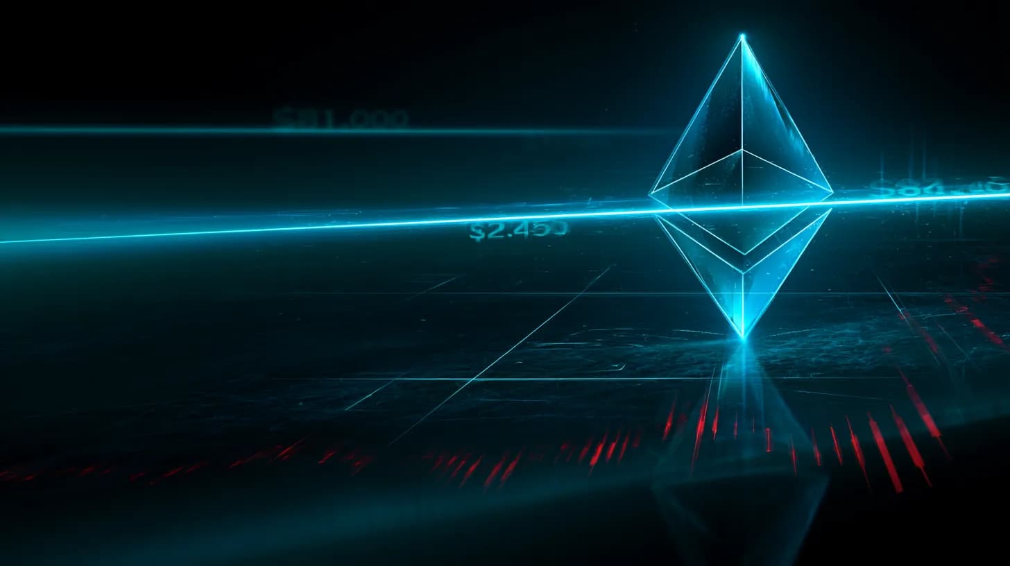 Ethereum logo blocked by a glowing $2,450 resistance line with a faint Bitcoin $81,000 line behind it