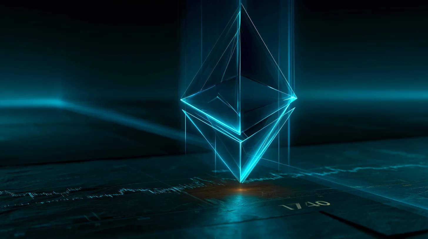 Polished ethereum logo over a dark surface inscribed with candlestick patterns and the $1740 level