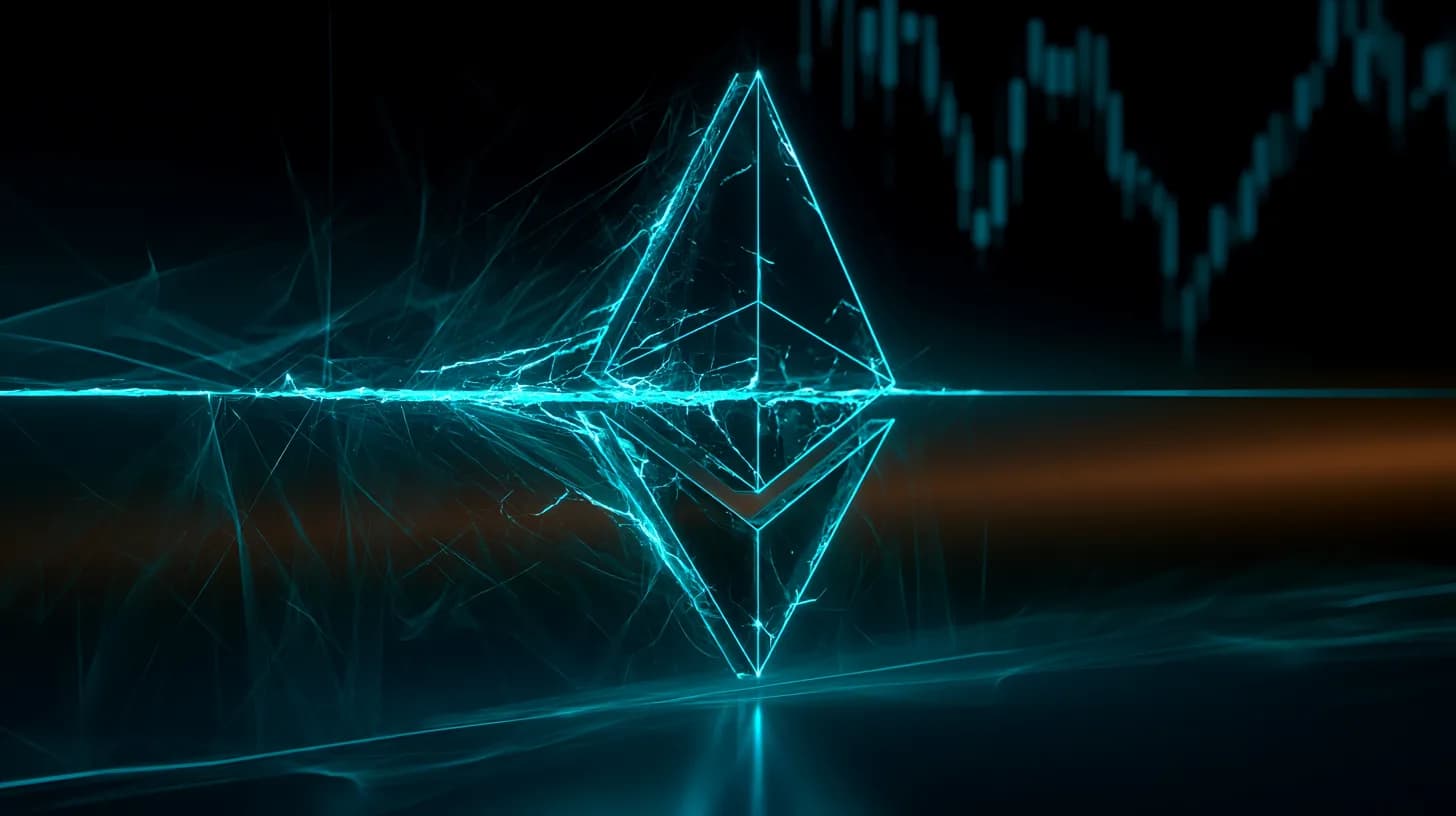 Ethereum logo fractures along a chart trendline as ETH breaks $1,900 support