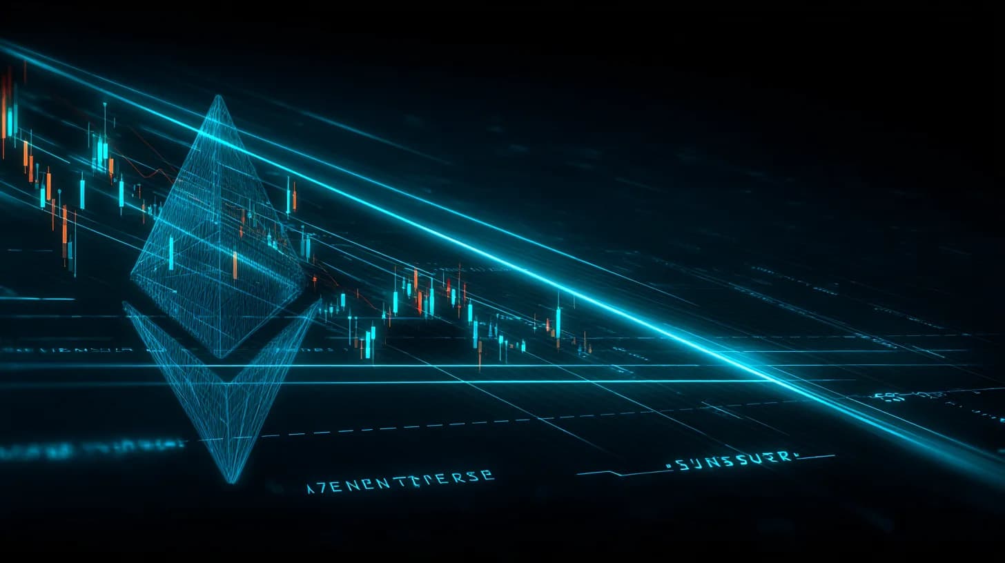 Ethereum logo over a candlestick chart showing a breakdown below an ascending trendline with a $2,450 resistance line marked