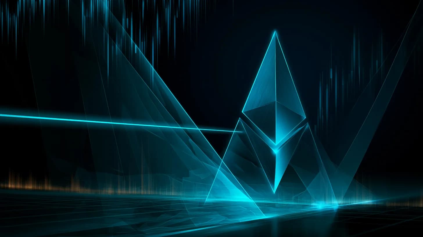 Ethereum logo rising past a $2,380 price level on a dark candlestick chart background