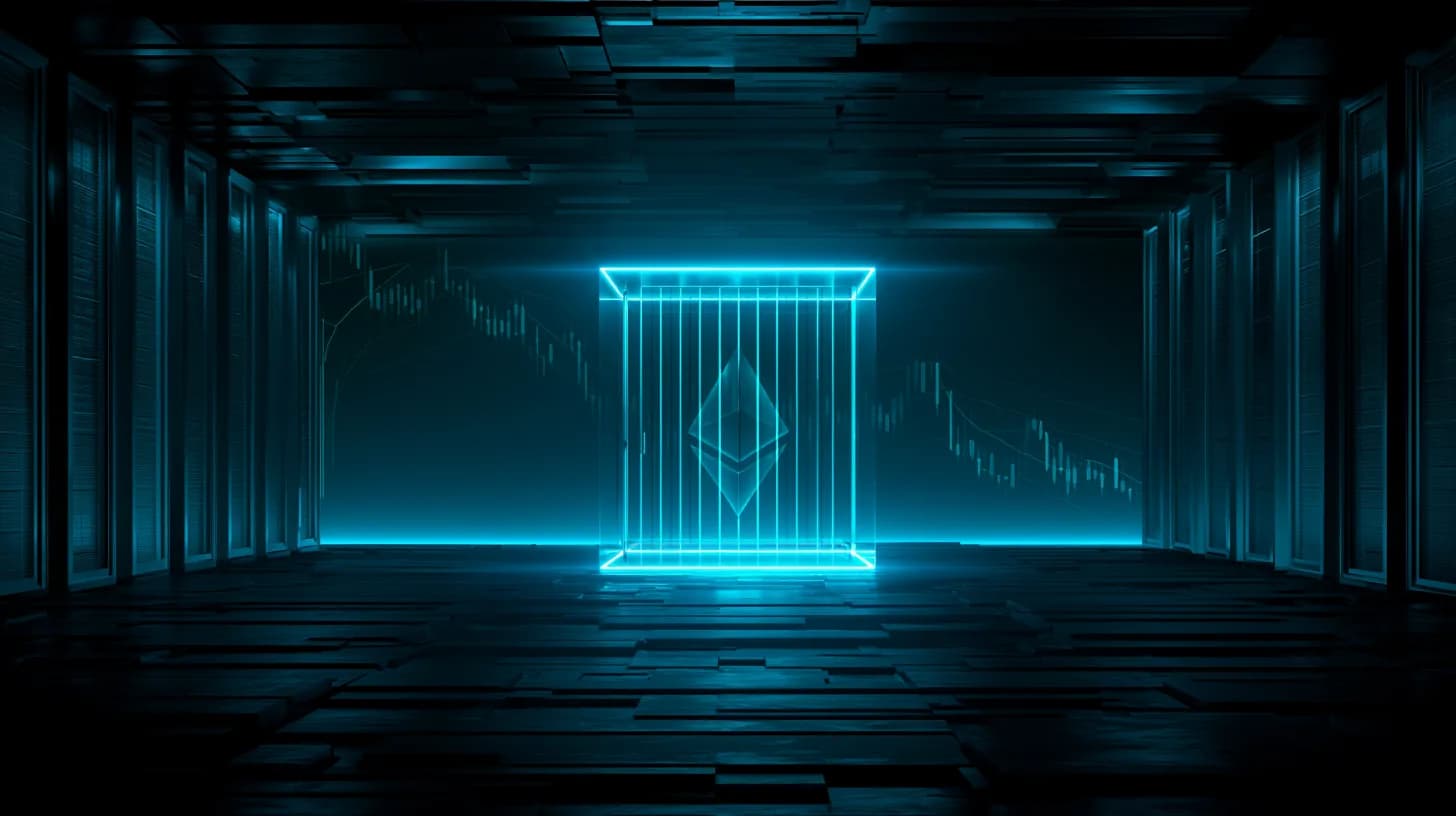 An Ethereum logo locked in a glass vault inside a near-empty server hall, illustrating record staking against collapsing…