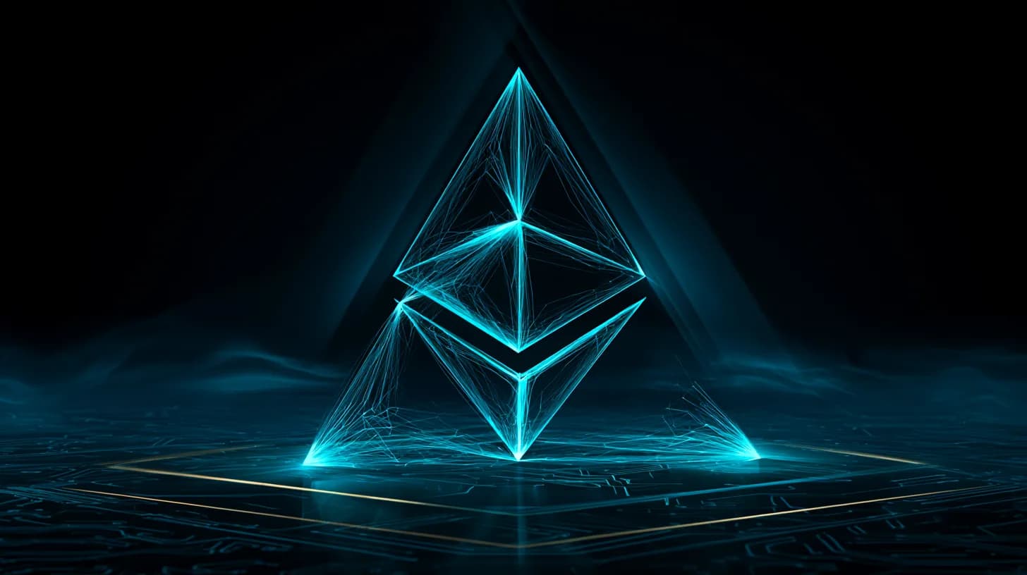 Ethereum logo built from hash-tree branches over dark quantum-circuit backdrop