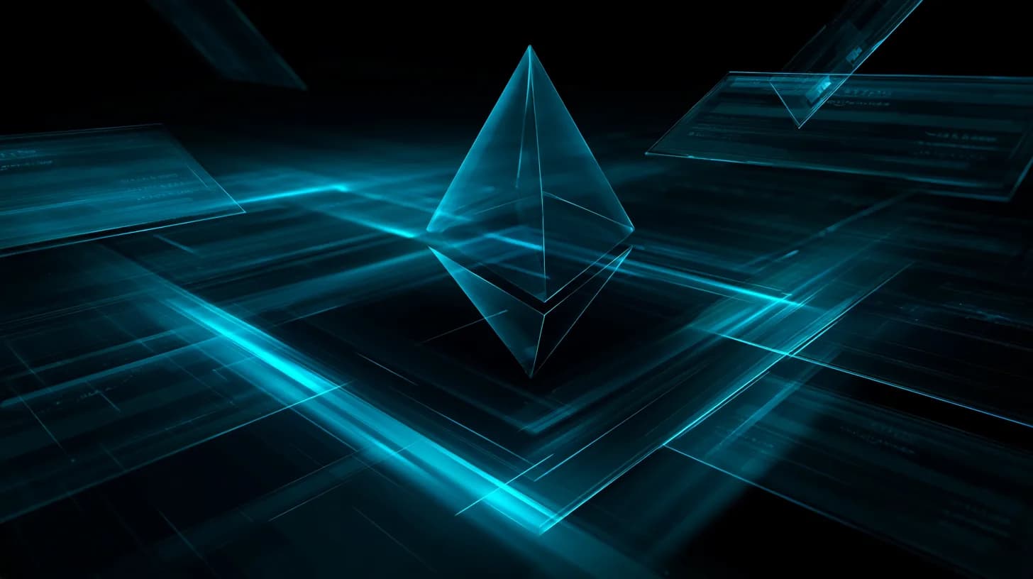 Glass Ethereum logo surrounded by holographic tokenized ETF share certificates on a financial data backdrop