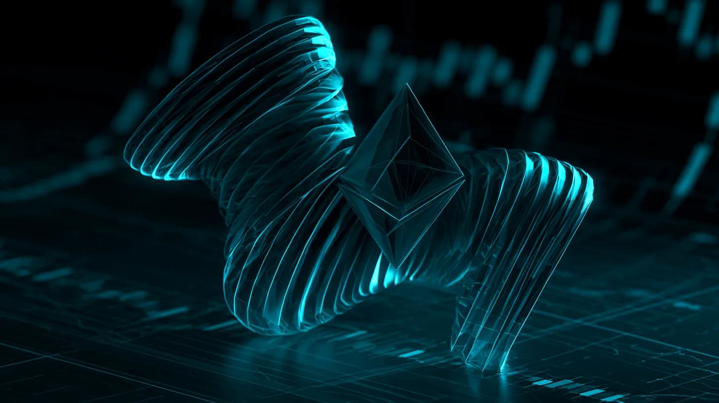 Coiled spring shaped like the Ethereum logo against a dark trading chart backdrop