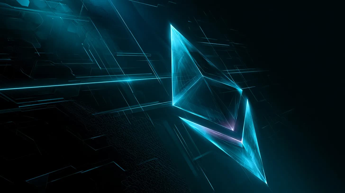 Ethereum diamond logo flanked by two glowing parallel research nodes on dark navy background