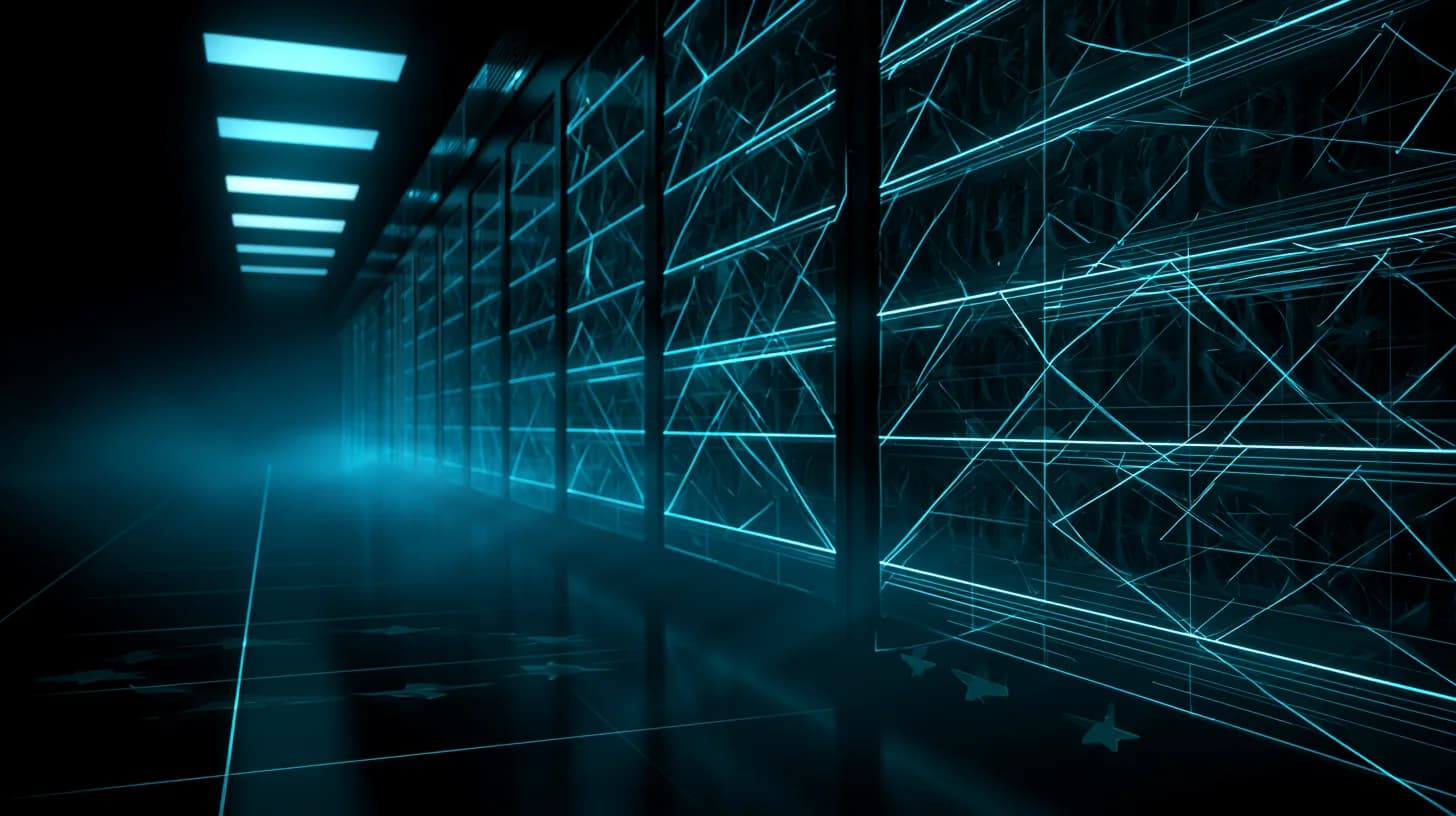 Rows of crypto mining ASIC rigs inside a European data center, faint EU star motif on a foreground rack