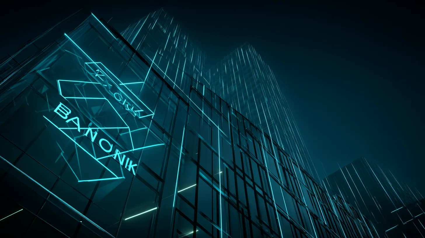 European bank headquarters facade at golden hour with subtle crypto symbols overlaid on brass signage