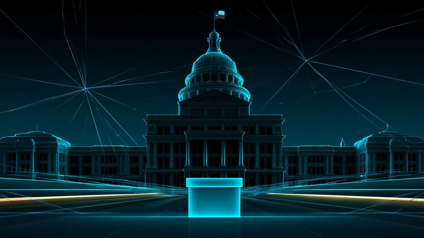 Texas capitol at dusk with a ballot box and faint blockchain lines, illustrating crypto PAC election wins