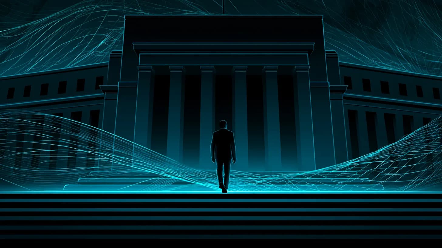Federal Reserve building at dusk with a suited figure on the steps and faint Treasury curve in the sky
