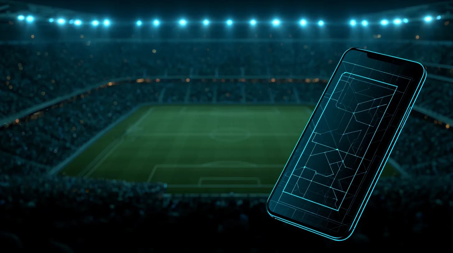World Cup stadium at night with smartphone showing blockchain-based digital ticket in foreground