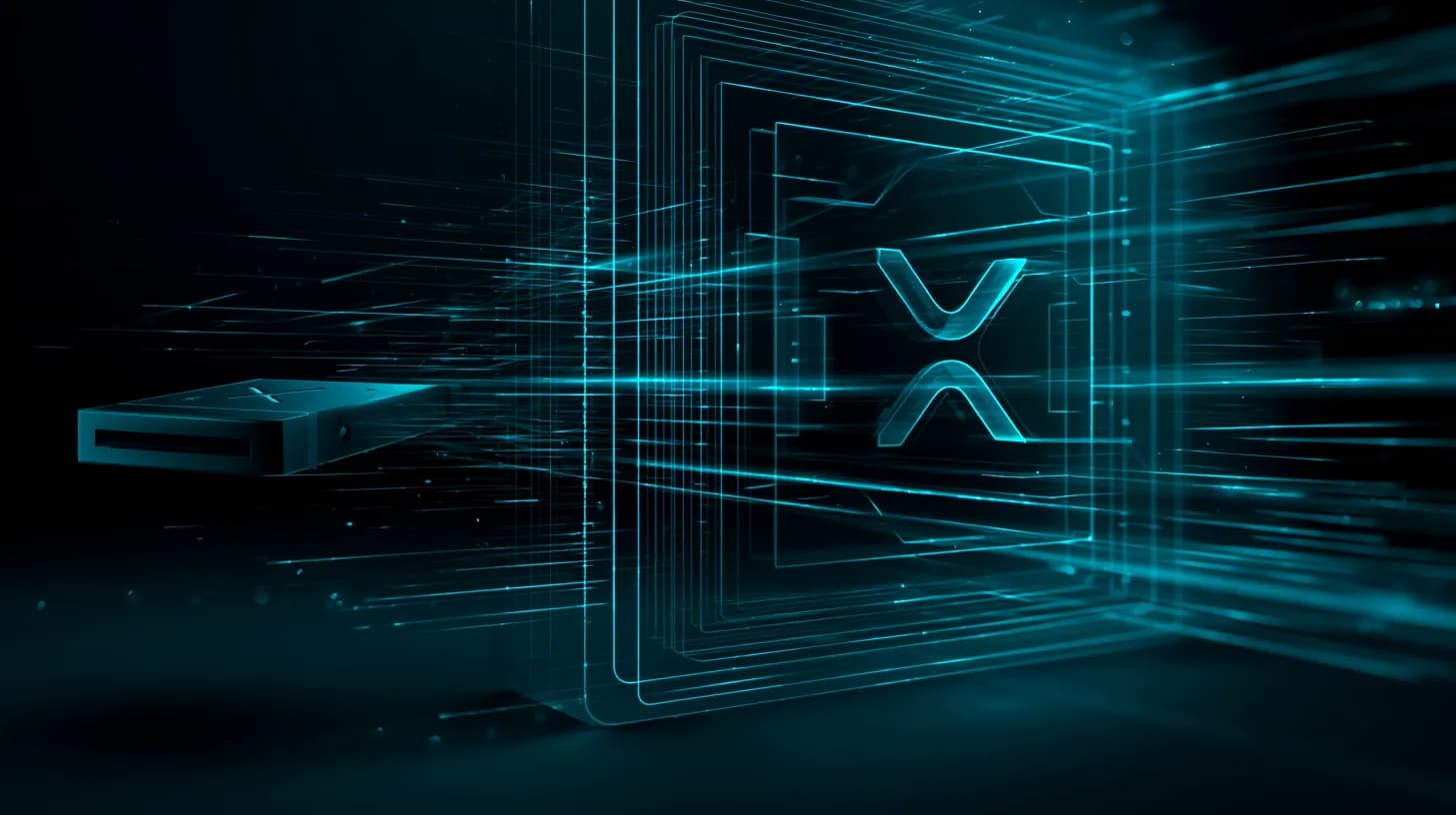 Hardware wallet linked to an XRP-marked vault in a dark editorial illustration