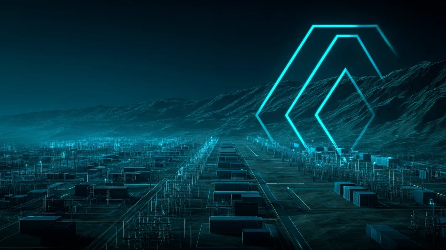 High-voltage substation and cooling units at a vast West Texas AI data center campus at golden hour