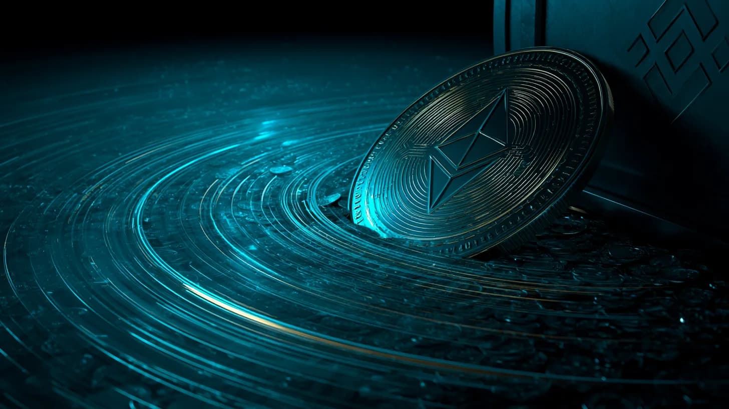 Giant ether coin spilling from a Binance vault into a rising tide of tokens
