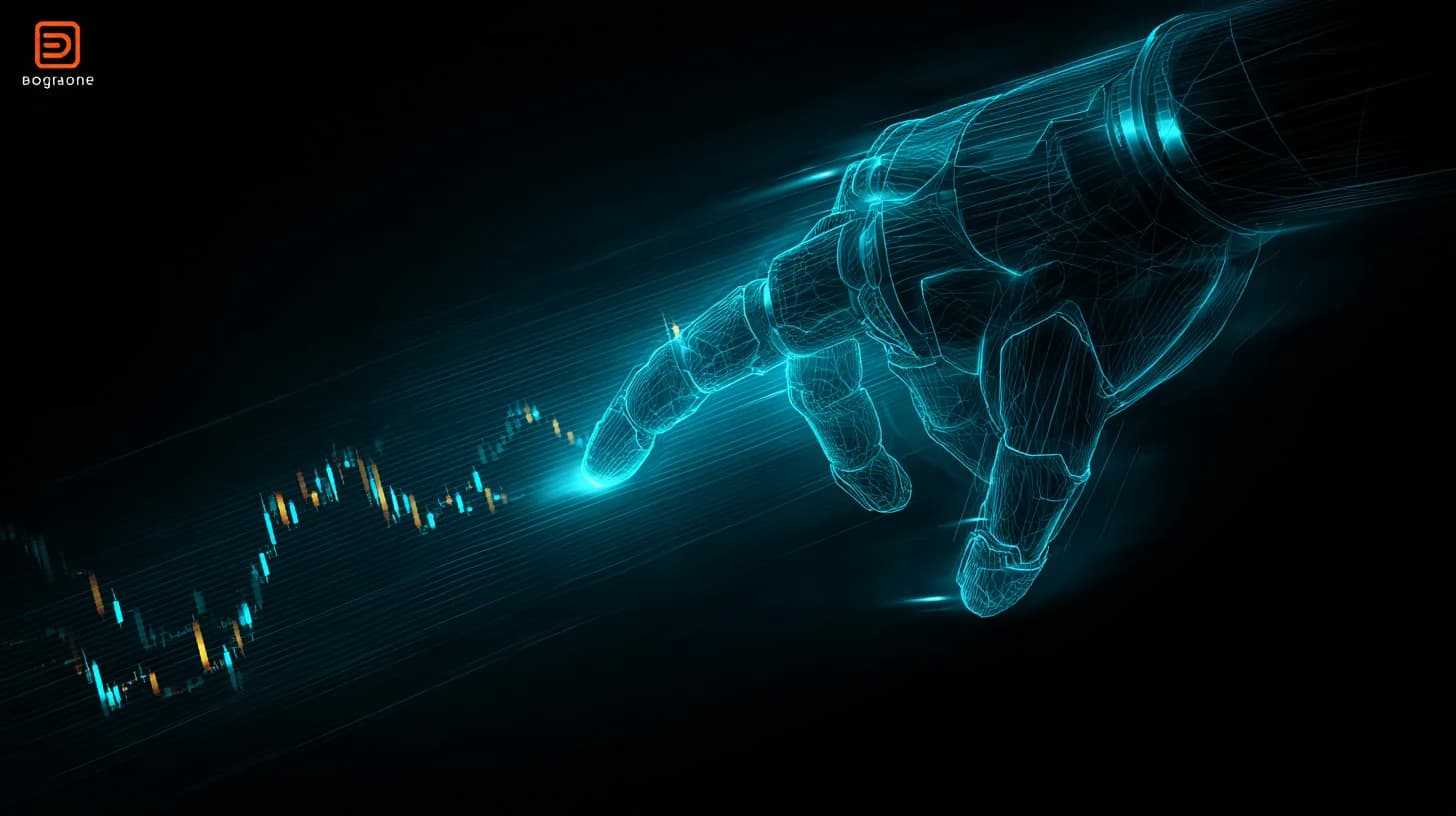 Robotic AI hand executing a crypto trade on a holographic Gemini exchange terminal with candlestick chart