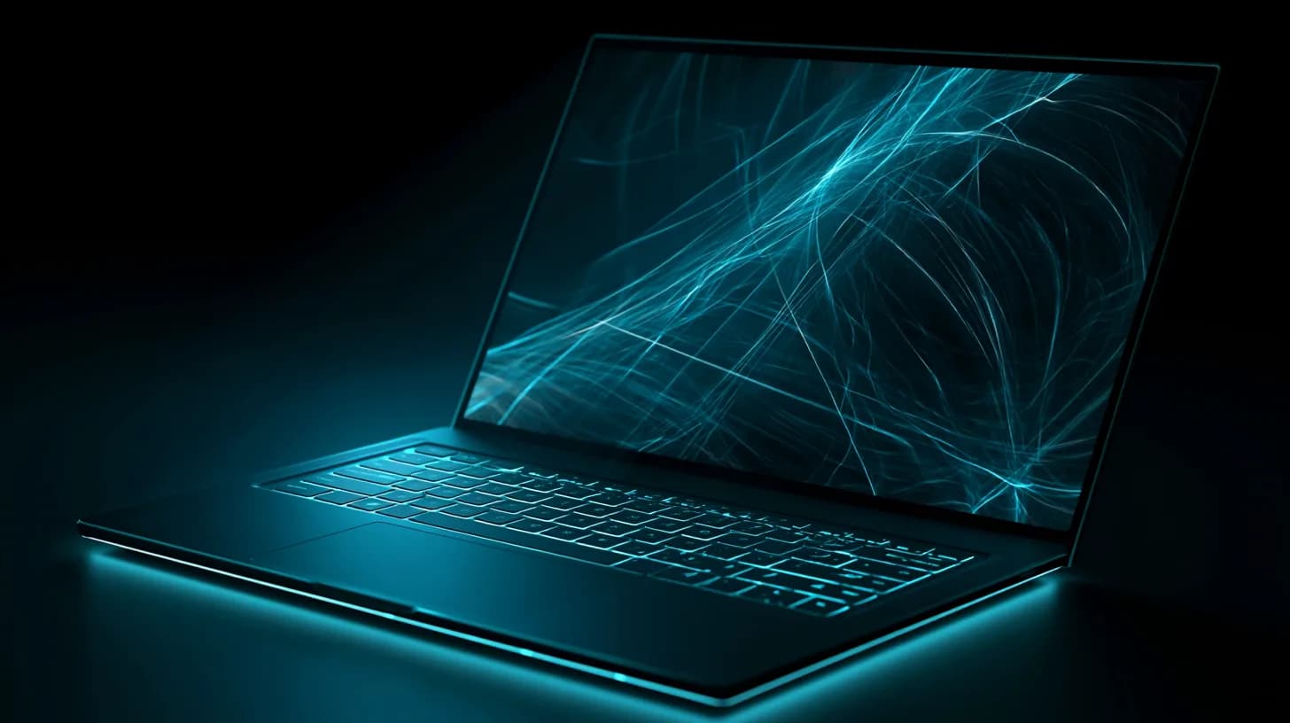Premium laptop with glowing Gemini AI interface on a dark editorial desk setup