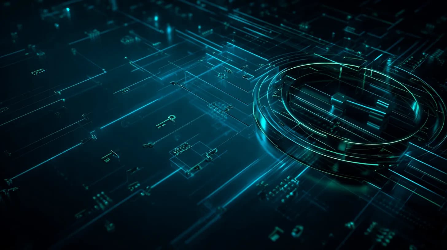 Open institutional vault door with multiple keys on slate, Wall Street towers reflected in steel