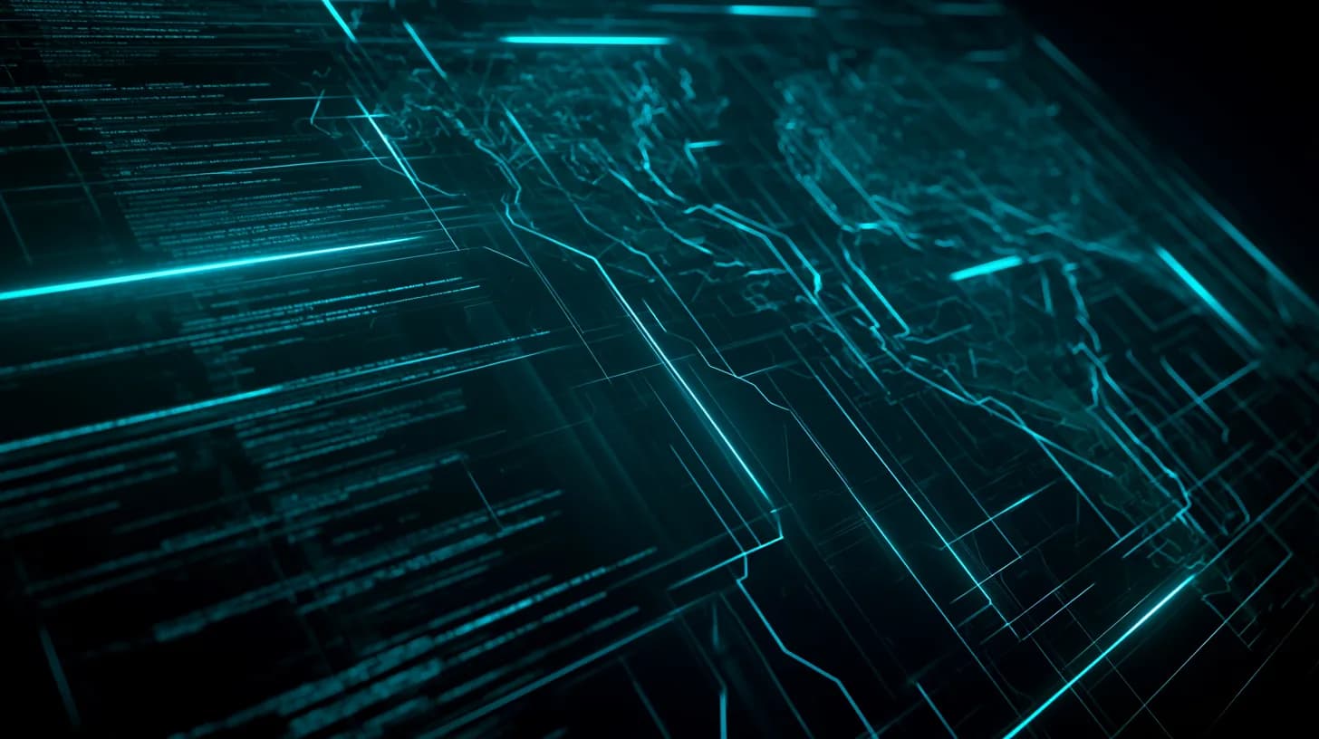Terminal screen with abstract code reflected on a wall map of the Middle East in a dim newsroom