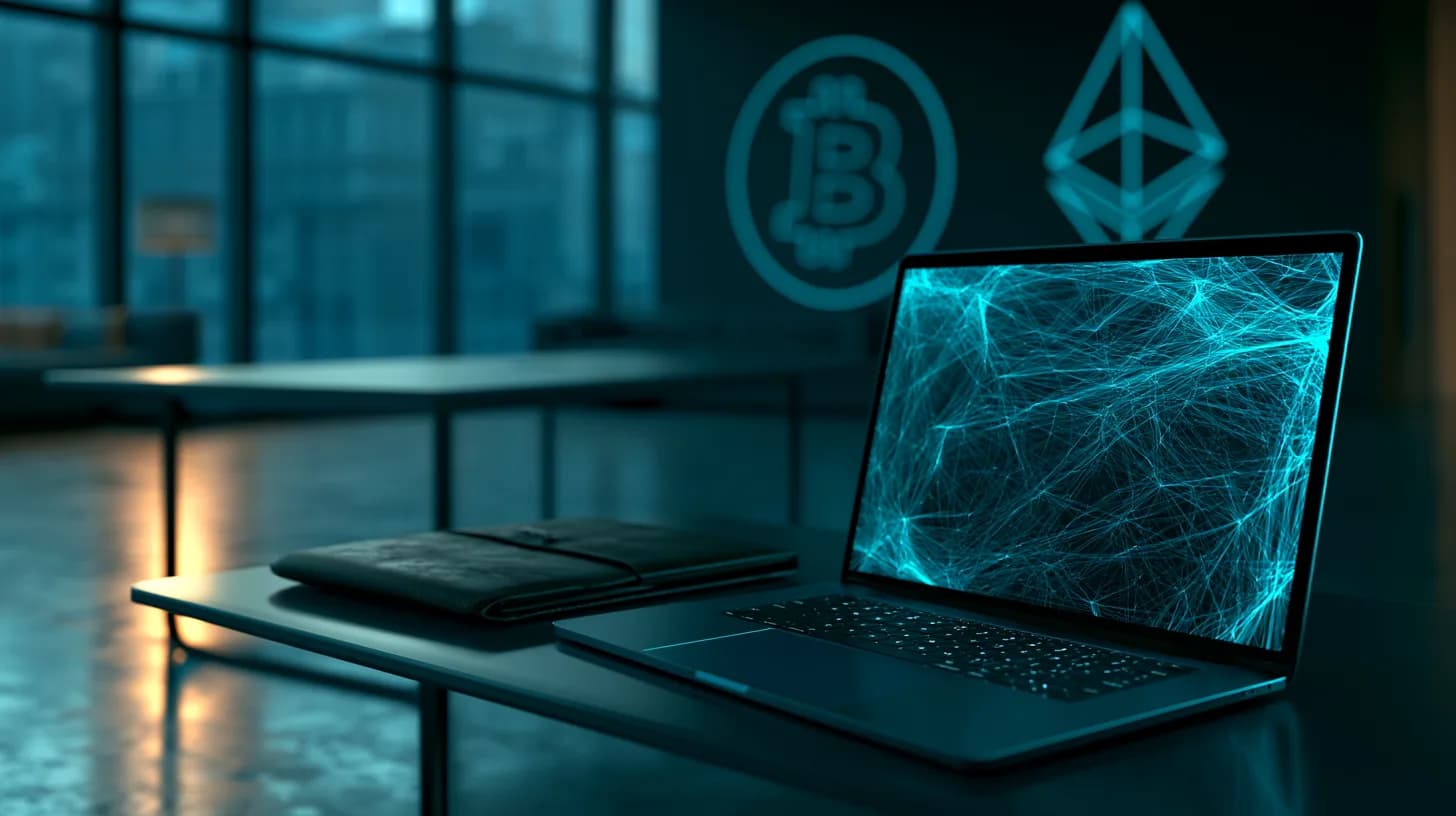 Empty modern VC boardroom with laptop showing neural network graphic, symbolizing crypto-AI investment fund