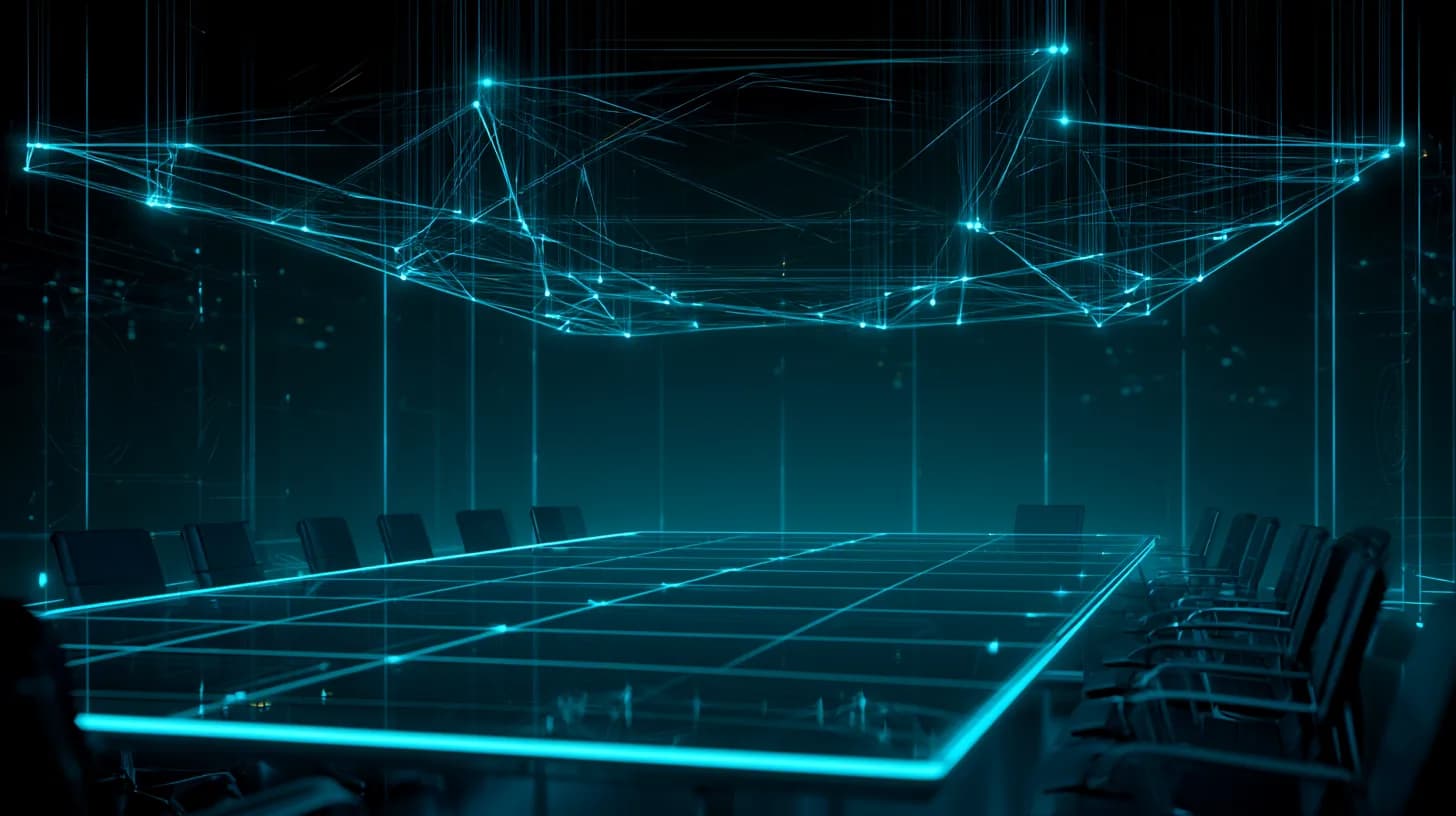 Modern boardroom with holographic display showing crypto infrastructure, tokenization, and AI agents nodes