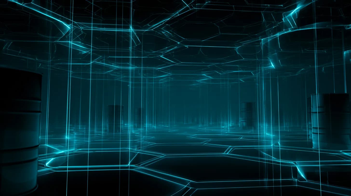 Oil barrels dissolving into a blockchain lattice above a darkened commodities trading floor