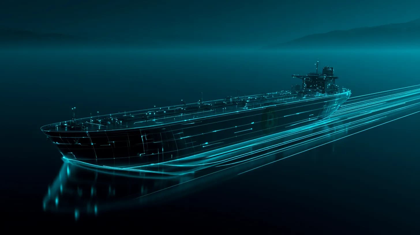 Oil tanker crossing the Strait of Hormuz at dusk with a subtle Bitcoin logo on its hull