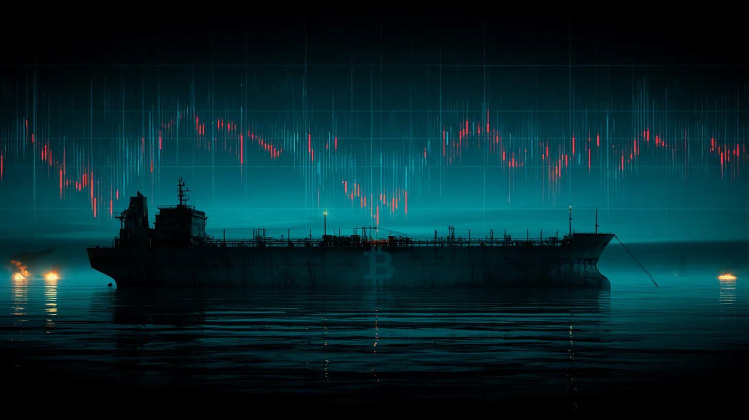 Oil tanker at dusk with red price candles overlaying the sky and a faint Bitcoin symbol on the hull