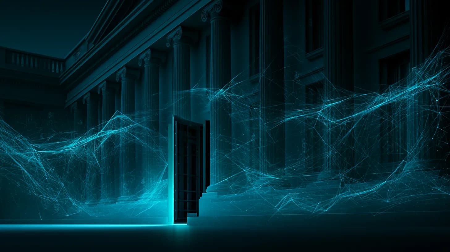 US Treasury building at dusk with a partially open vault and faint blockchain overlay symbolizing sanctions and crypto…