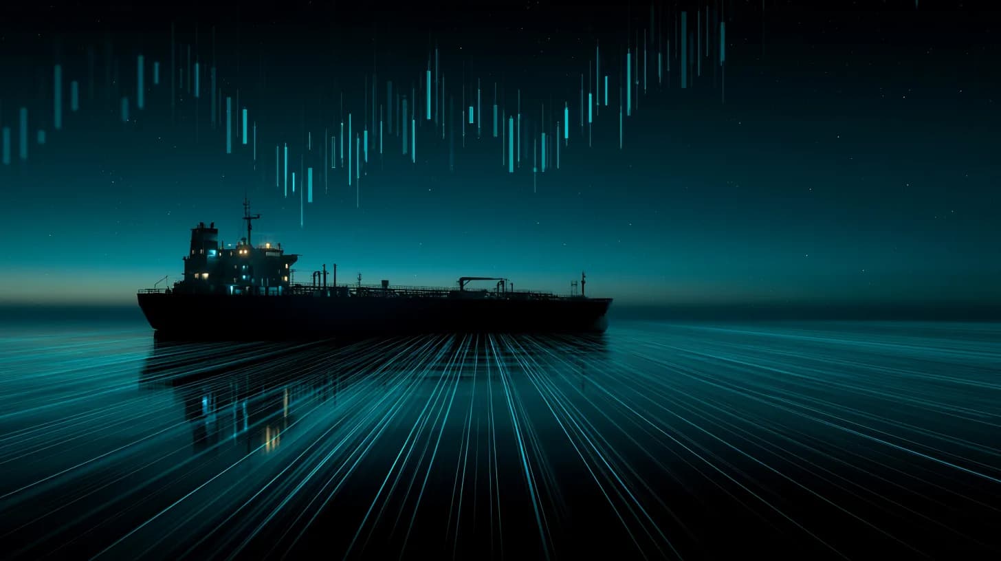 Crude oil tanker at dawn in the Persian Gulf with a faint market chart overlay, illustrating Iran-US energy standoff and…
