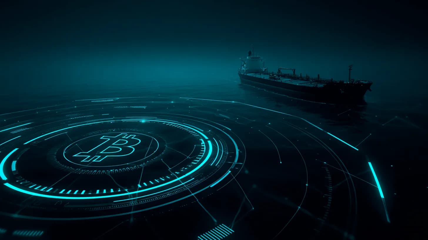 Oil tanker in the Strait of Hormuz at dusk with smoke on the horizon, illustrating geopolitical risk to crypto markets