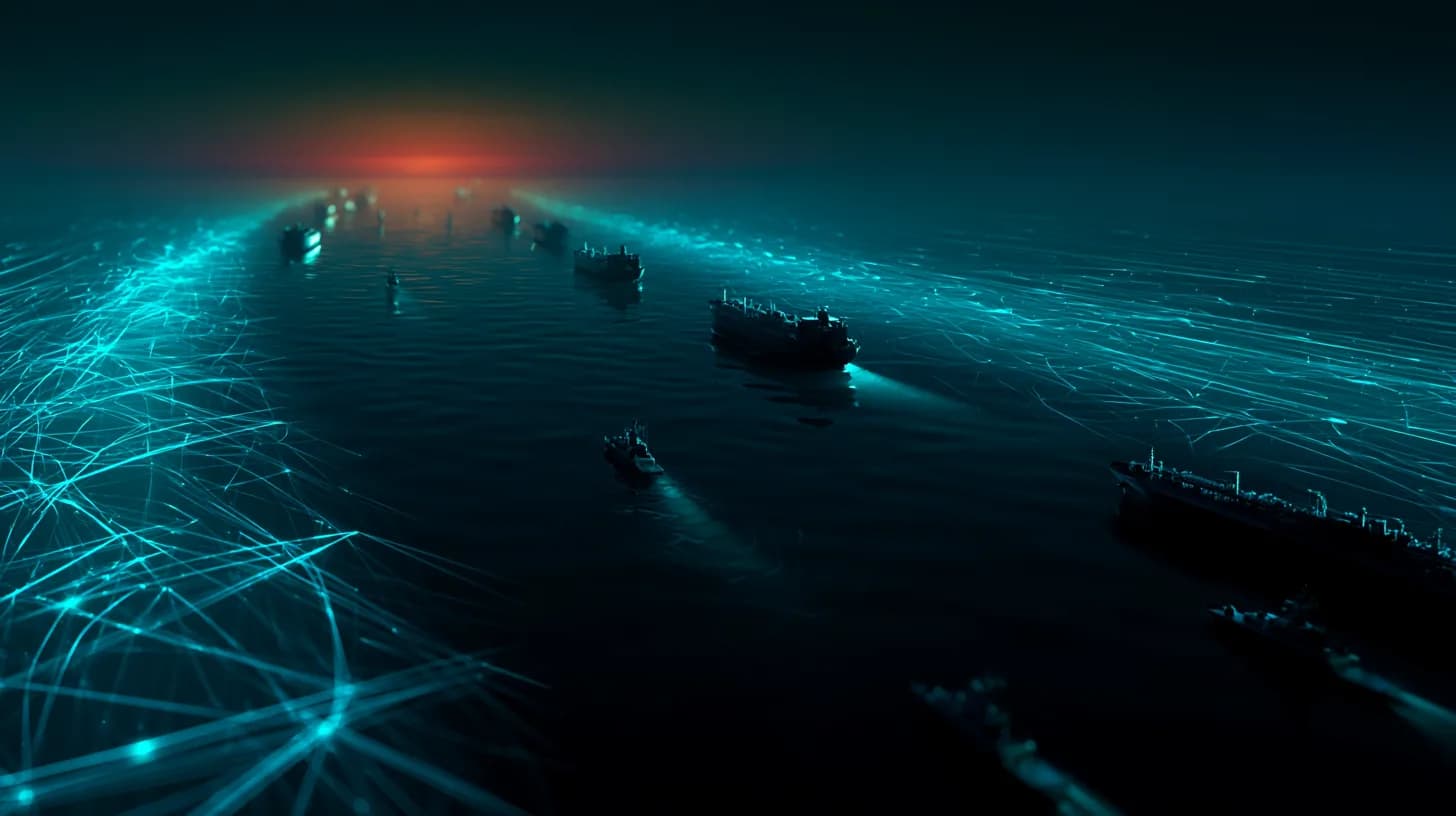 Aerial view of oil tankers transiting the Strait of Hormuz at dusk under tense conditions