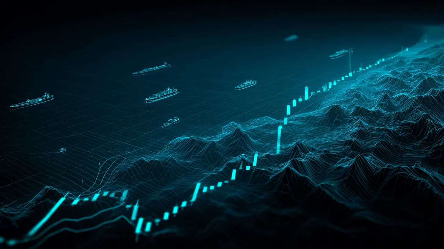 Aerial dusk view of oil tankers transiting the Strait of Hormuz with naval vessels on the horizon