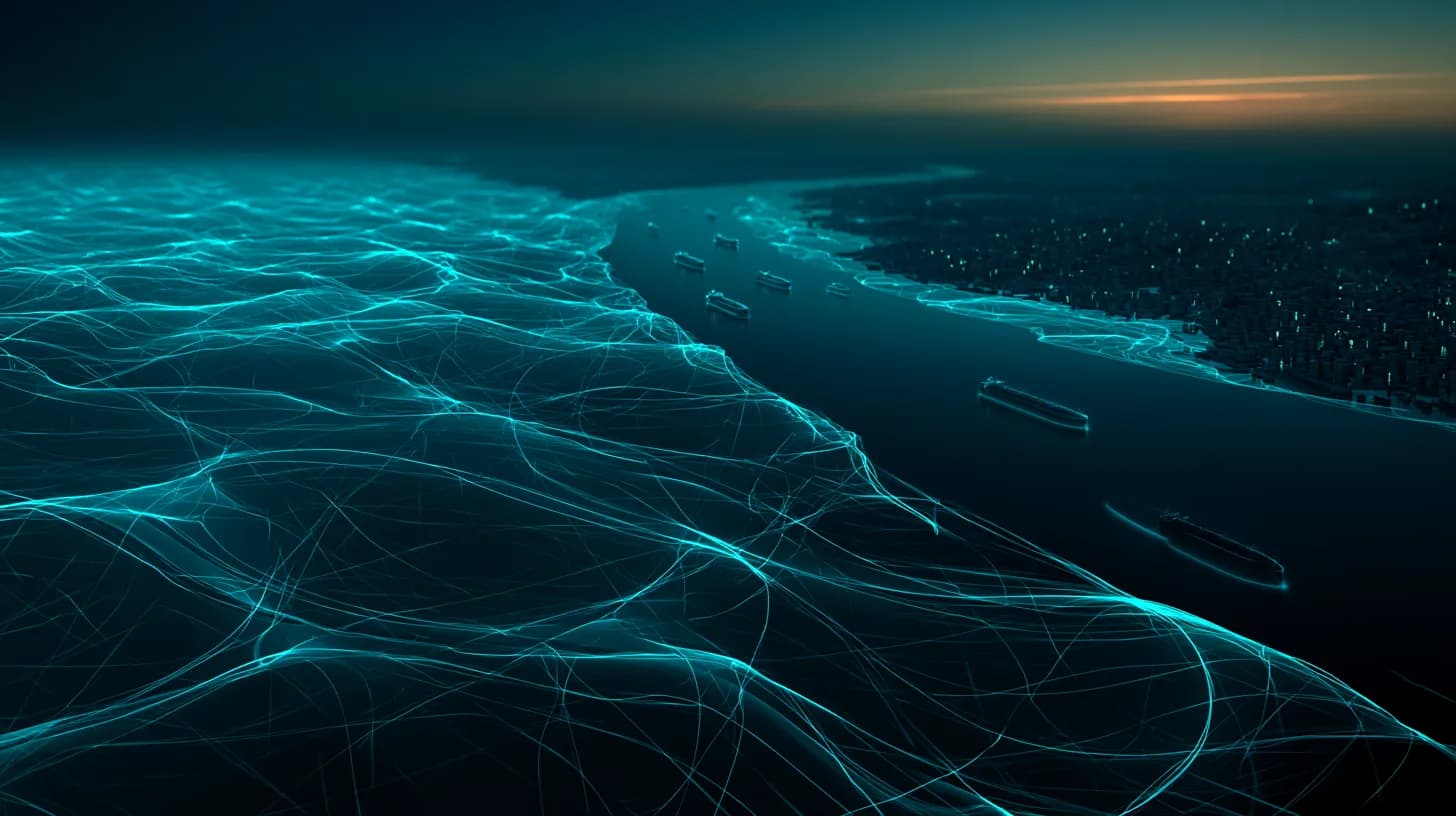 Aerial view of oil tankers crossing the Strait of Hormuz at dusk with subsea cables visible below