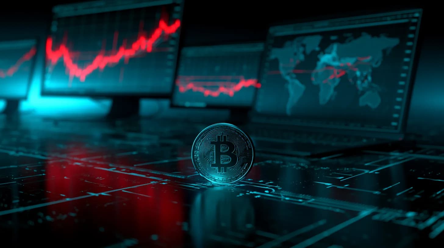 Bitcoin coin in foreground against red trading screens showing market reaction to Iran-US talks suspension