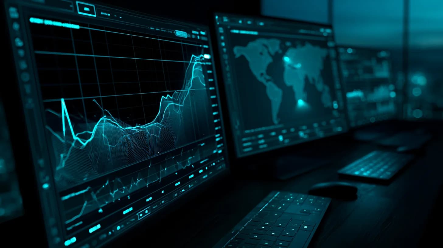 Trading desk monitors showing Bitcoin above $82,000 alongside a US-Iran diplomatic map graphic