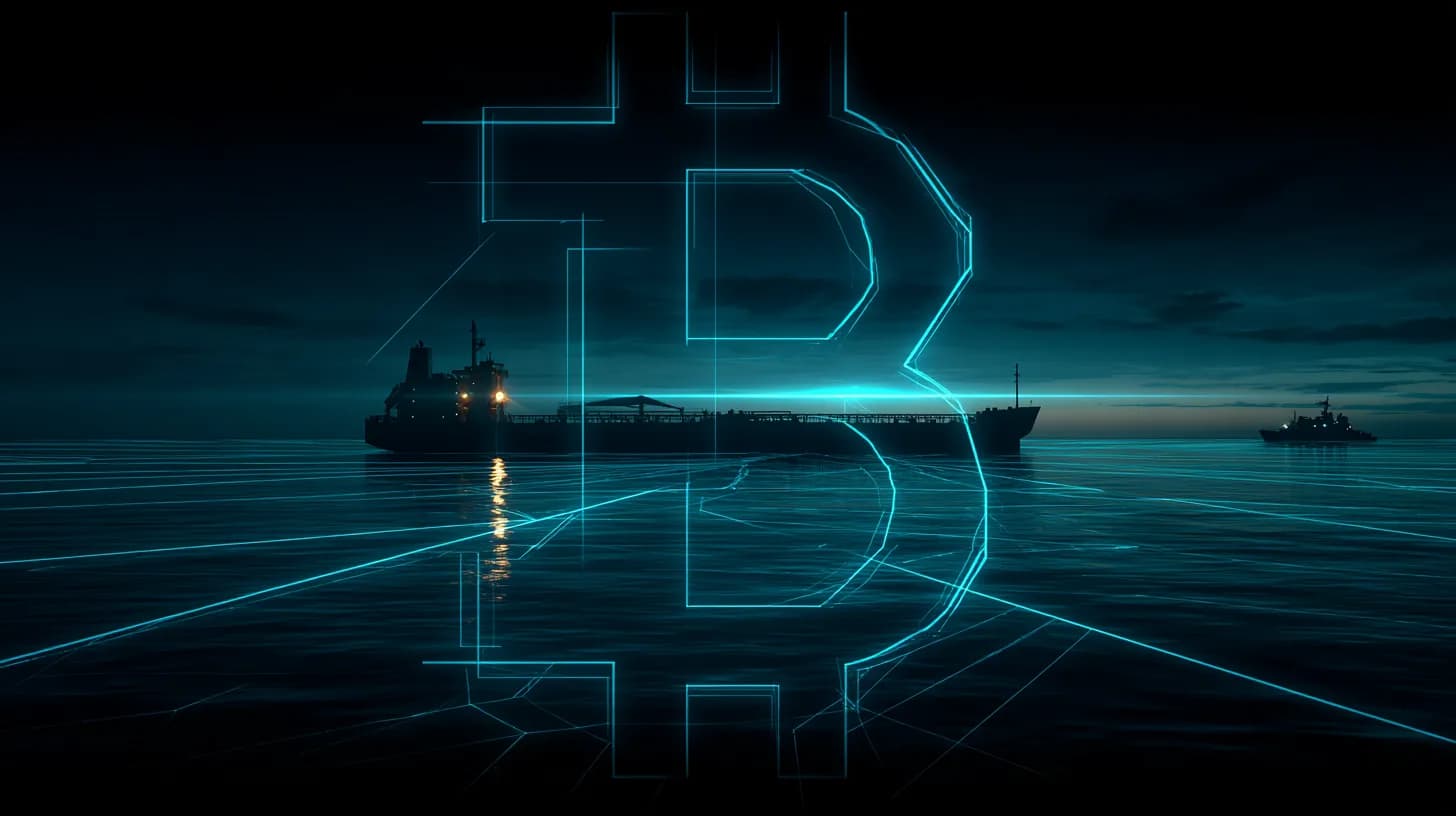 Oil supertanker at dusk in the Strait of Hormuz with a naval vessel in the distance under a red sky