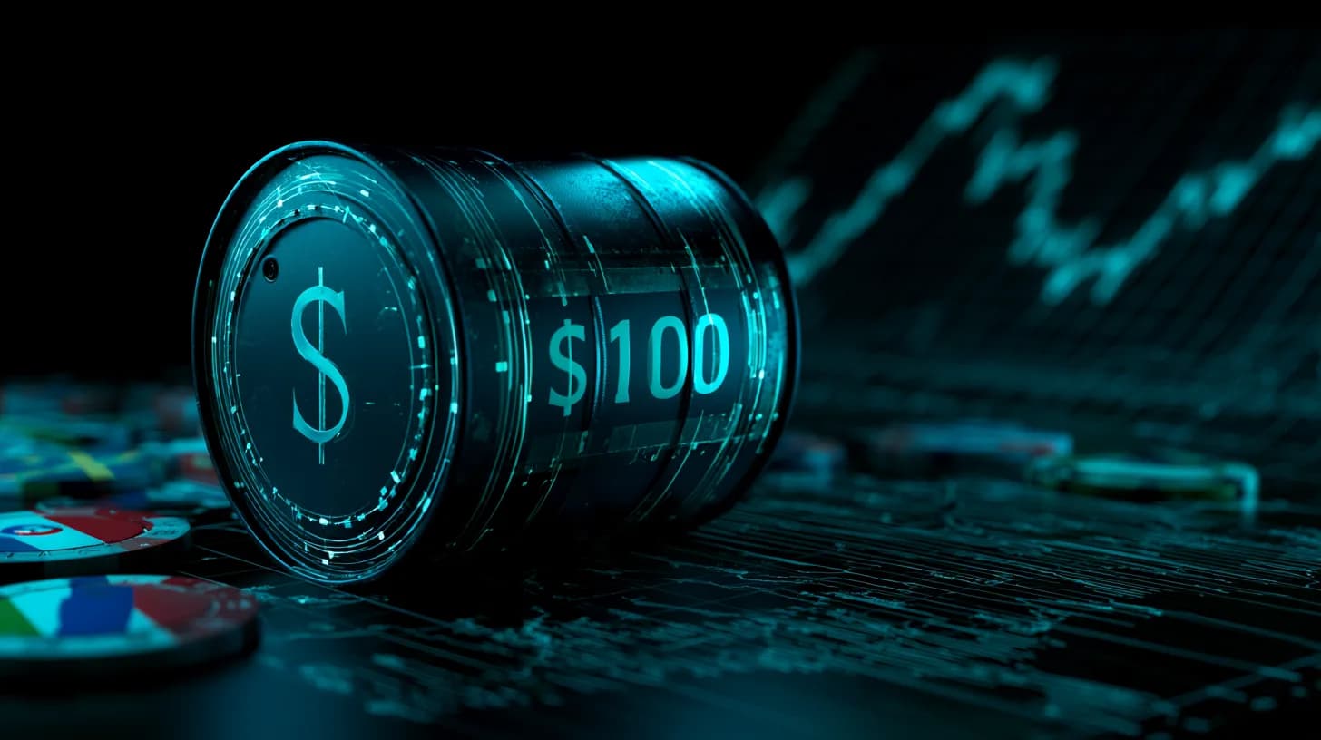 Oil barrel with a $100 price tag in front of blurred G7 flags and a volatile bond yield chart