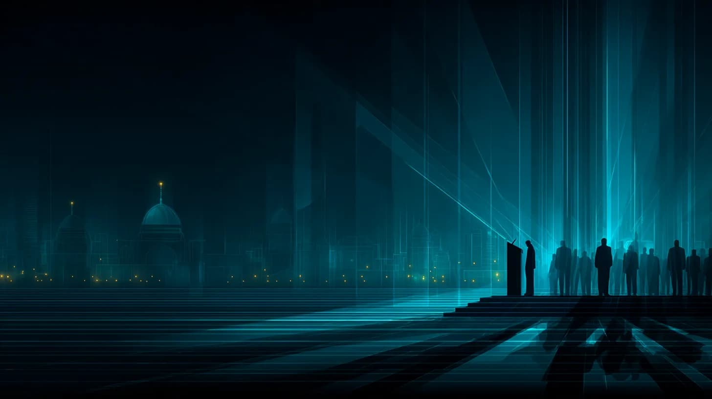 Tehran skyline at dusk with a parliamentary podium silhouette, evoking rising US-Iran geopolitical tensions