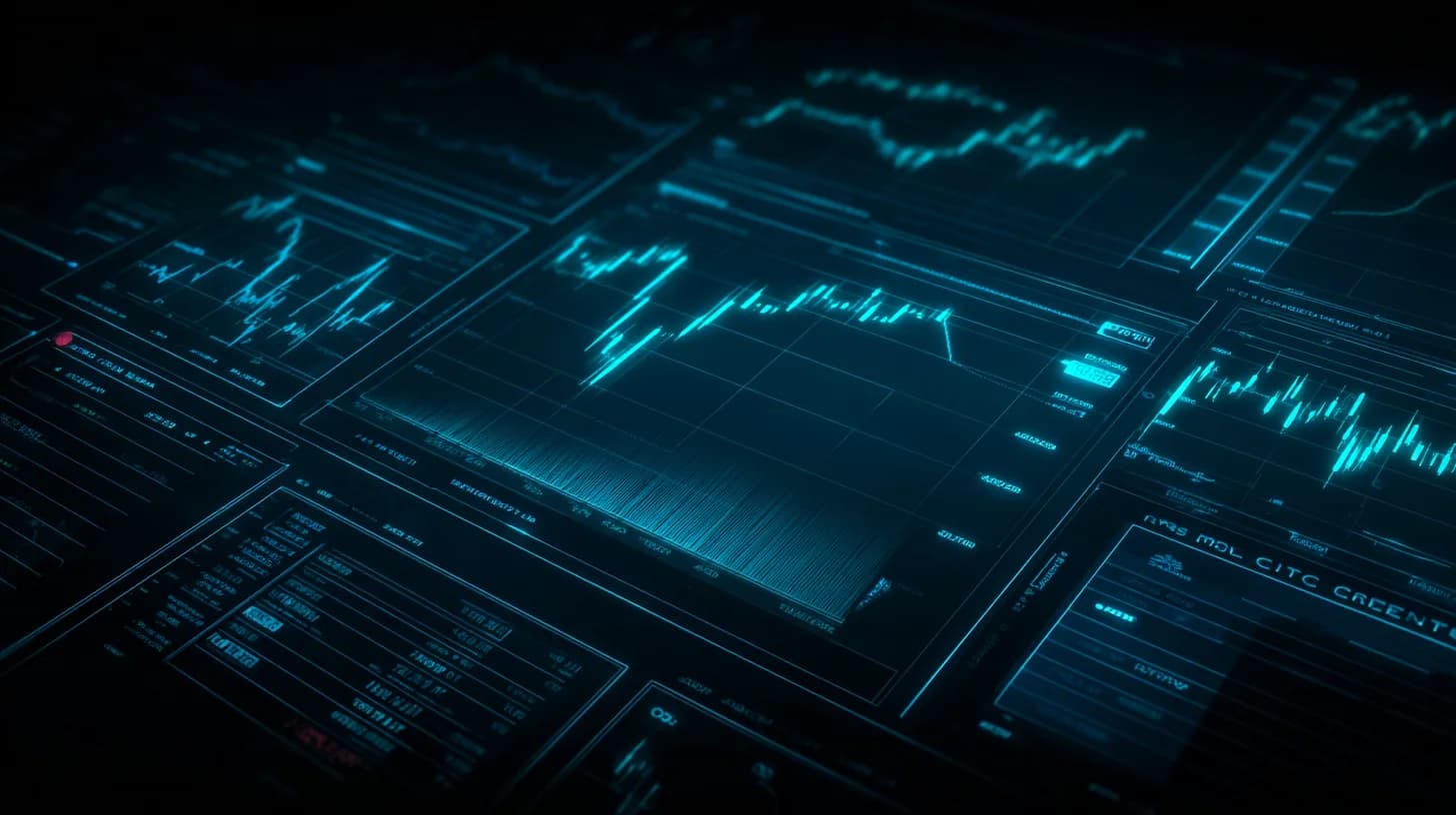 Trading floor terminal at dusk showing a sharp Brent crude price spike on a chart