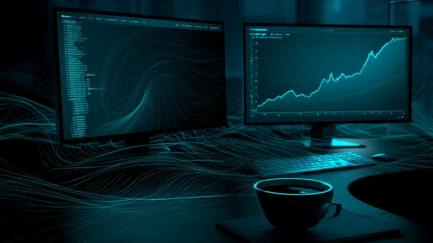 Trading desk monitors showing fading Bitcoin ETF ticker and rising Ethereum chart in cool blue tones