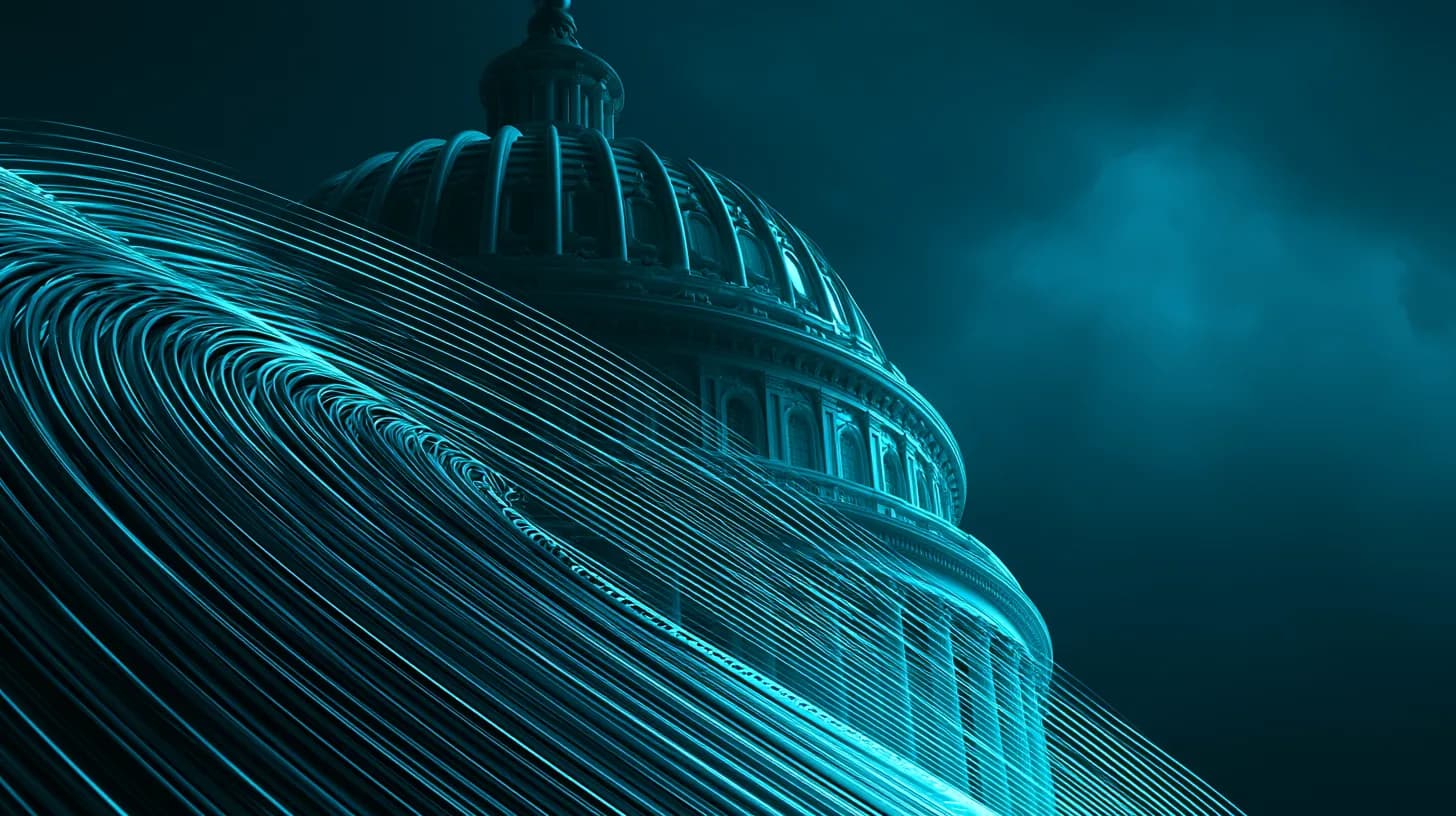 US Capitol building at dusk with stormy clouds rolling in over the dome, signaling uncertainty over US crypto legislation…