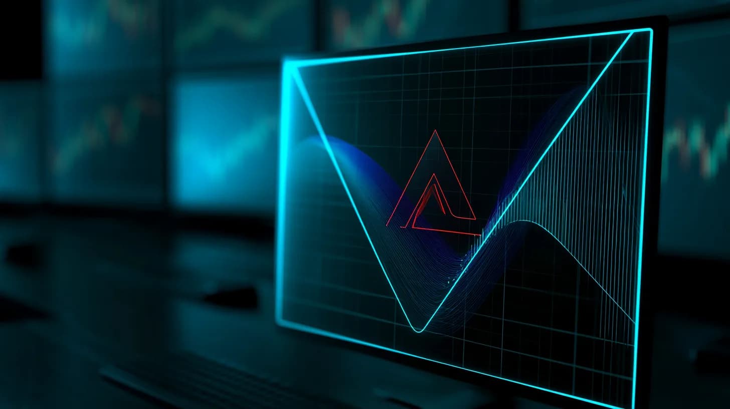 Avalanche red triangle and Kraken purple wave on a trading terminal screen in a dim newsroom
