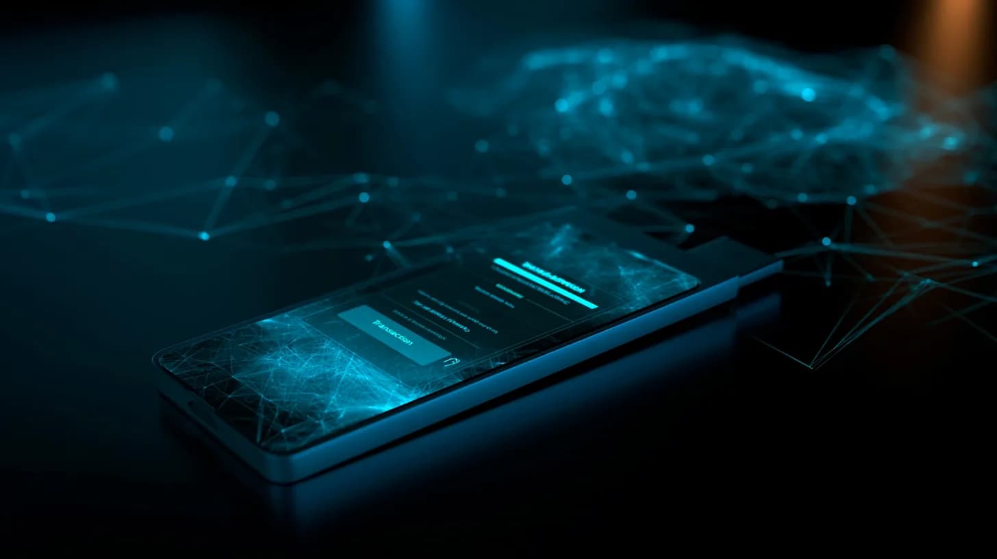 Hardware wallet on dark desk with transaction prompt and faint AI neural network pattern in background
