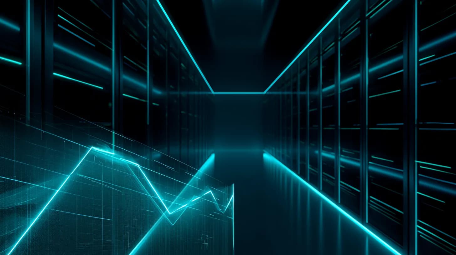 Modern data center corridor with server racks and a holographic 5x growth chart illustrating cloud usage expansion