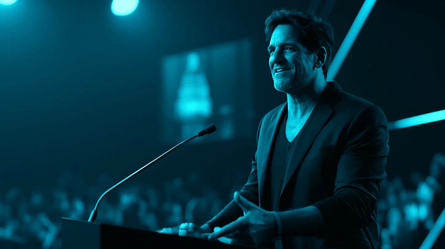Businessman at a public podium under stage lights with US Capitol visible through window behind